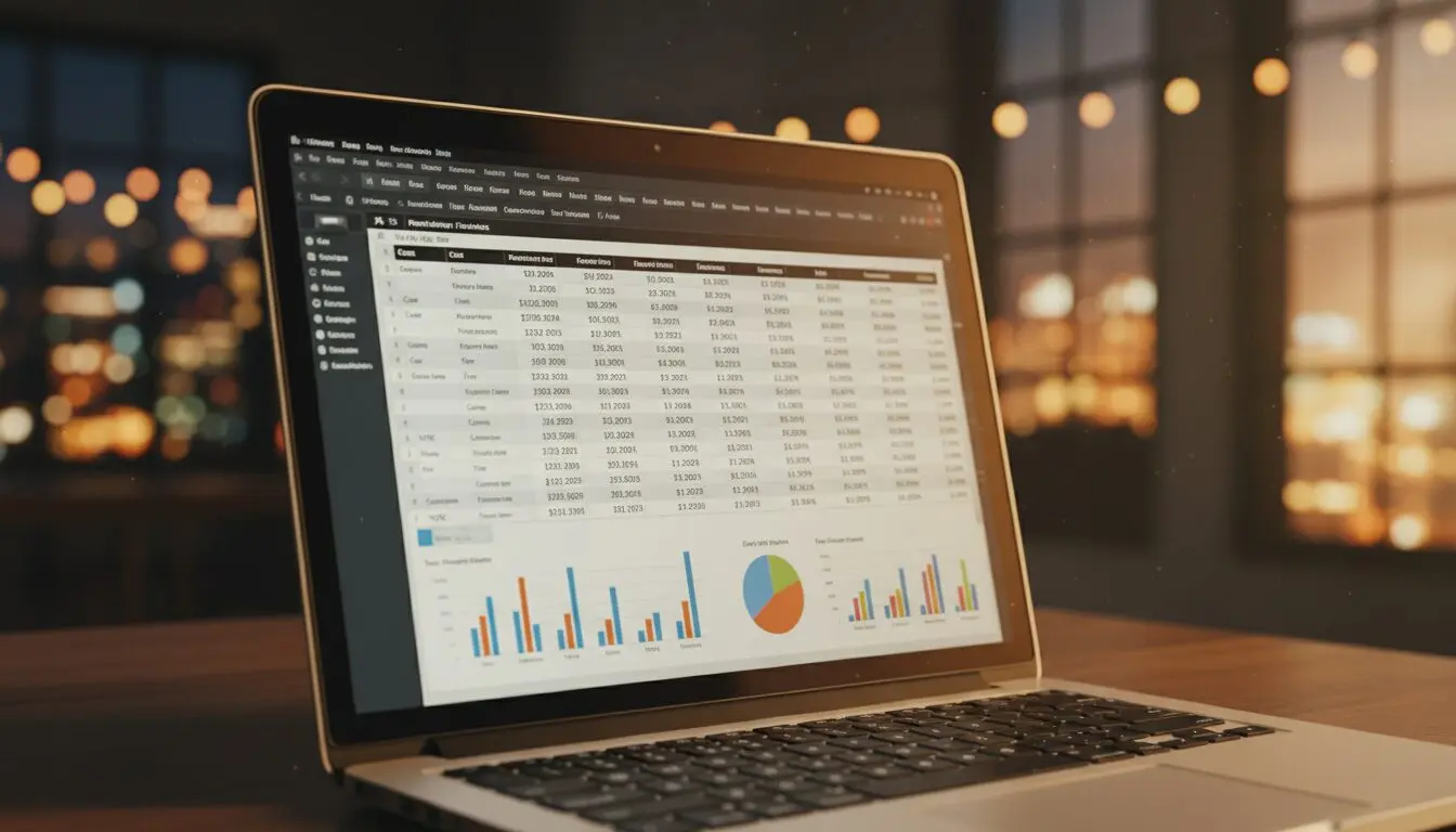 Laptop screen showing a tiered production budget breakdown — pricing tiers AI commercial buyers compare in 2026.
