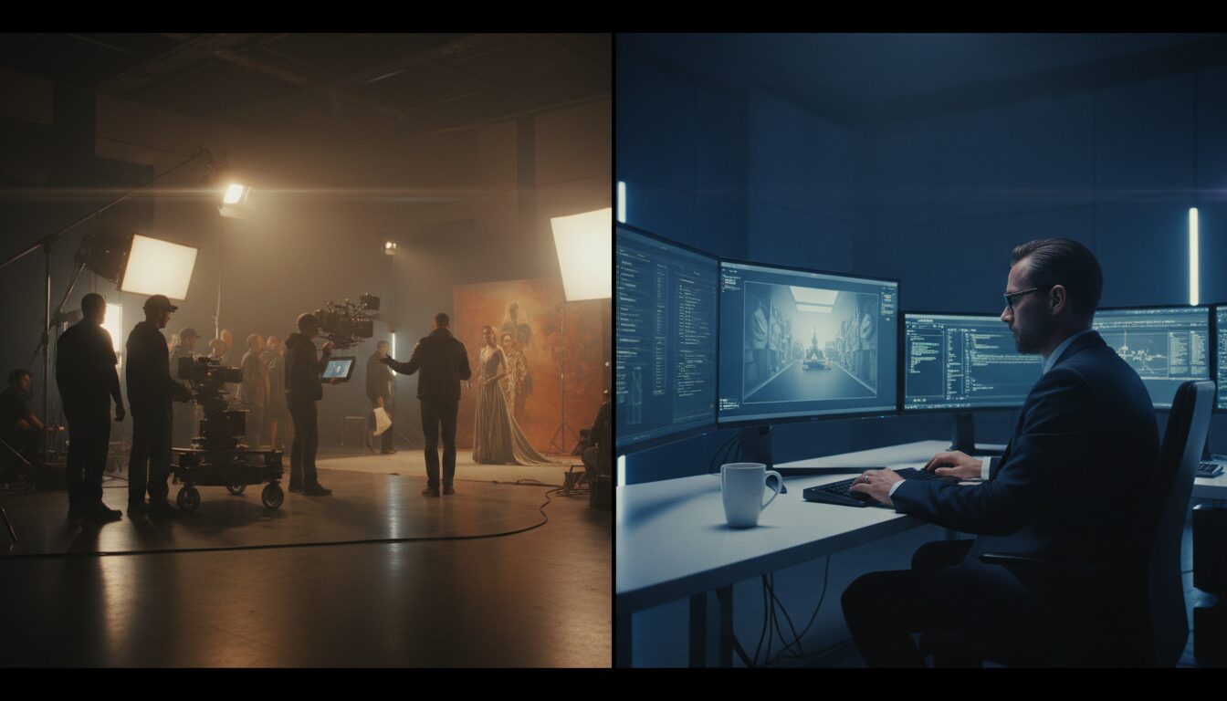 AI commercial budget breakdown made visible: a 20-person traditional crew next to one producer running a Kling pipeline.