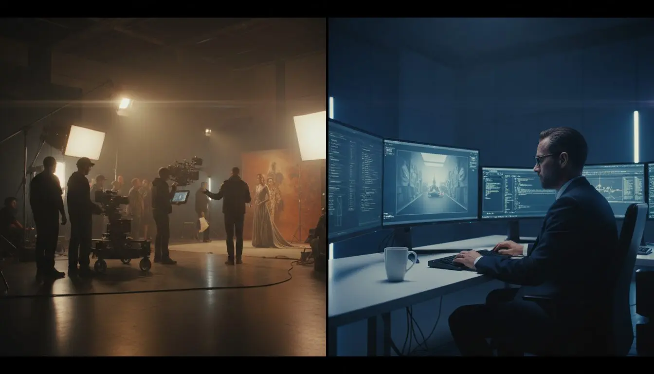 AI commercial budget breakdown made visible: a 20-person traditional crew next to one producer running a Kling pipeline.