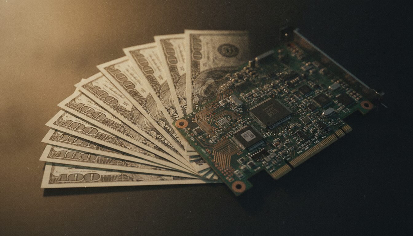 Cost of producing AI commercial visualized: dollar bills dissolving into the circuit traces of a generative GPU.
