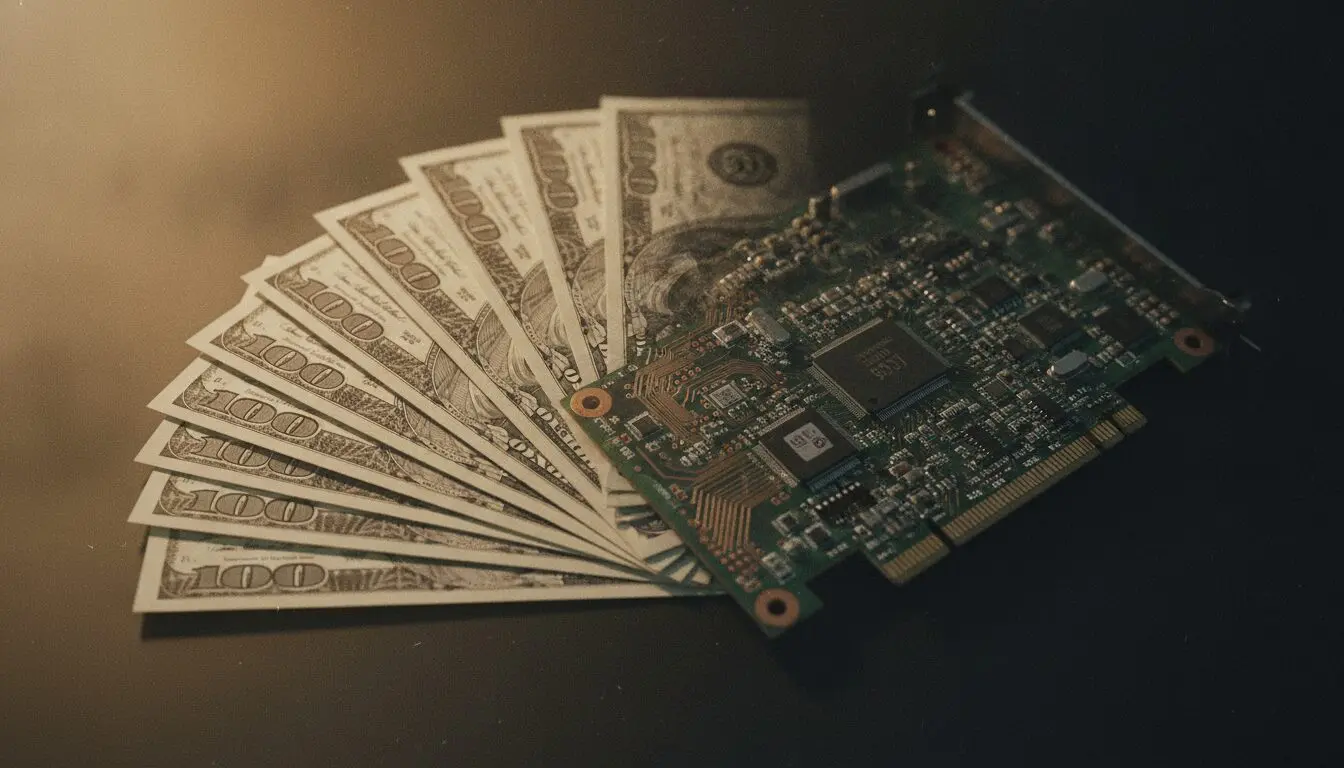 Cost of producing AI commercial visualized: dollar bills dissolving into the circuit traces of a generative GPU.