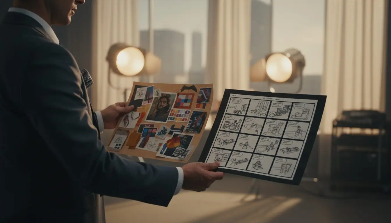 How to choose an AI commercial agency: producer comparing a scattershot mood-board to a tightly built storyboard layout.
