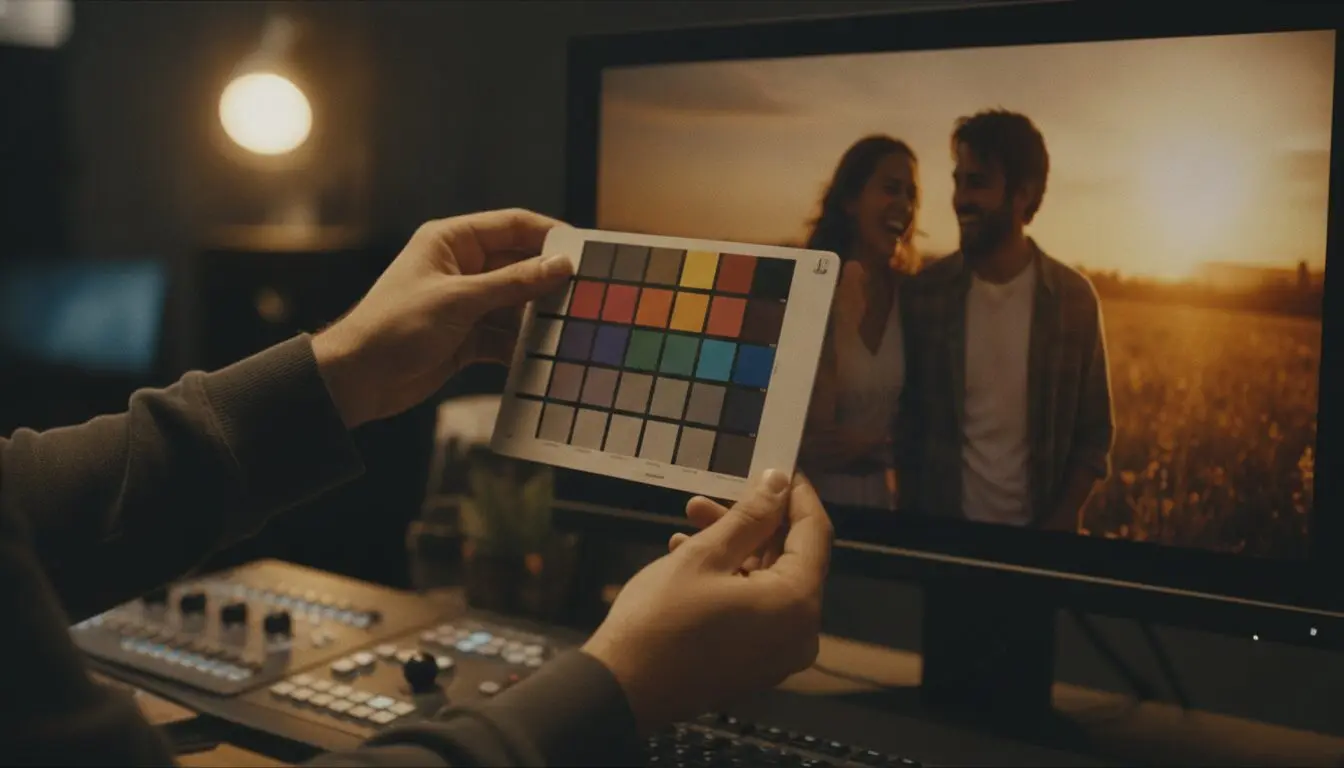 Premium AI commercial production check: colorist's reference card against a calibrated monitor showing a graded frame.