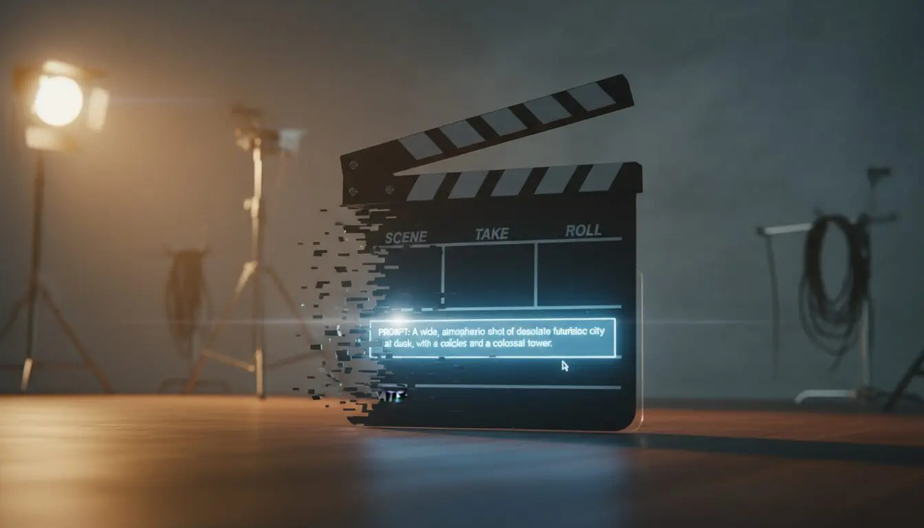 Cinematic AI commercial vendor in motion: a clapper slate handing off to a Kling generation interface on a tablet.
