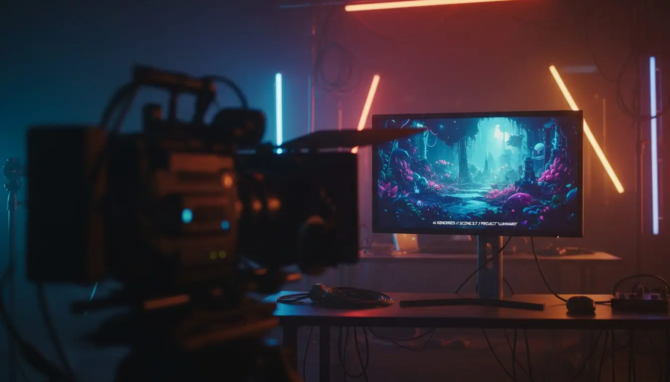 Cinema camera in soft-focus foreground, calibrated AI-generation monitor sharp behind — traditional vs AI production framed.