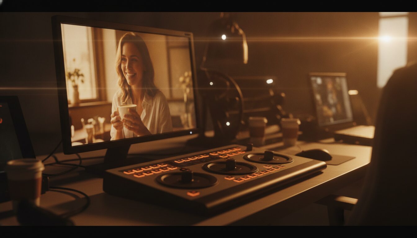 Colorist's calibrated monitor playing a final-graded frame with dials forward — AI video vs broadcast production.