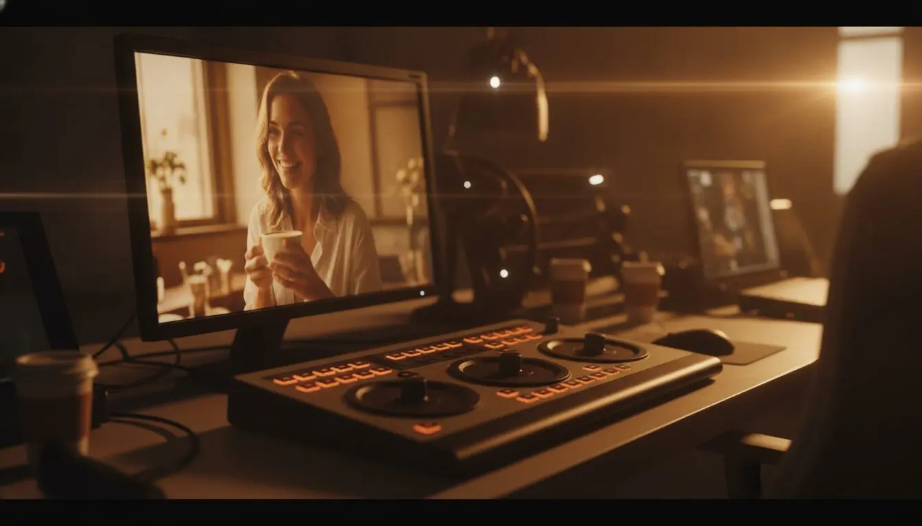 Colorist's calibrated monitor playing a final-graded frame with dials forward — AI video vs broadcast production.
