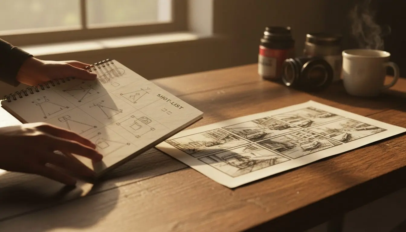 Hand-drawn shot-list beside a printed storyboard sequence in warm window light — AI and traditional cinematography.