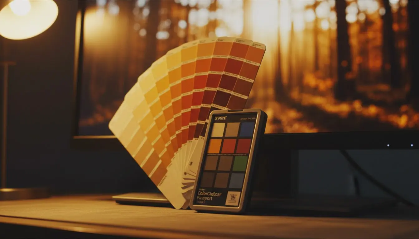 Colorist's reference card and Pantone fan leaning against a calibrated monitor — the discipline behind craft-driven AI video.