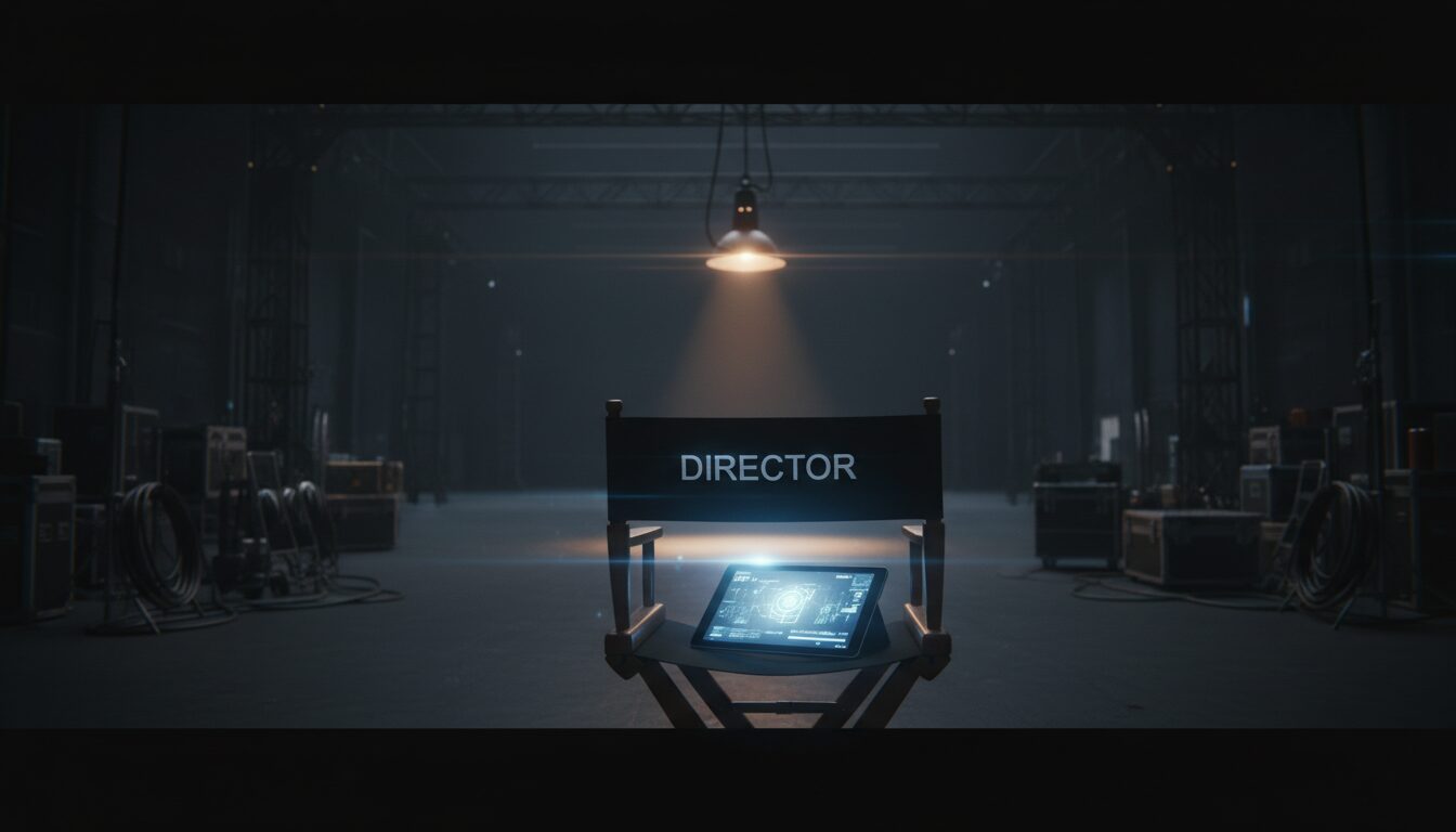 Director's chair on an empty soundstage holding a tablet with an AI generation interface — film craft for AI commercials.