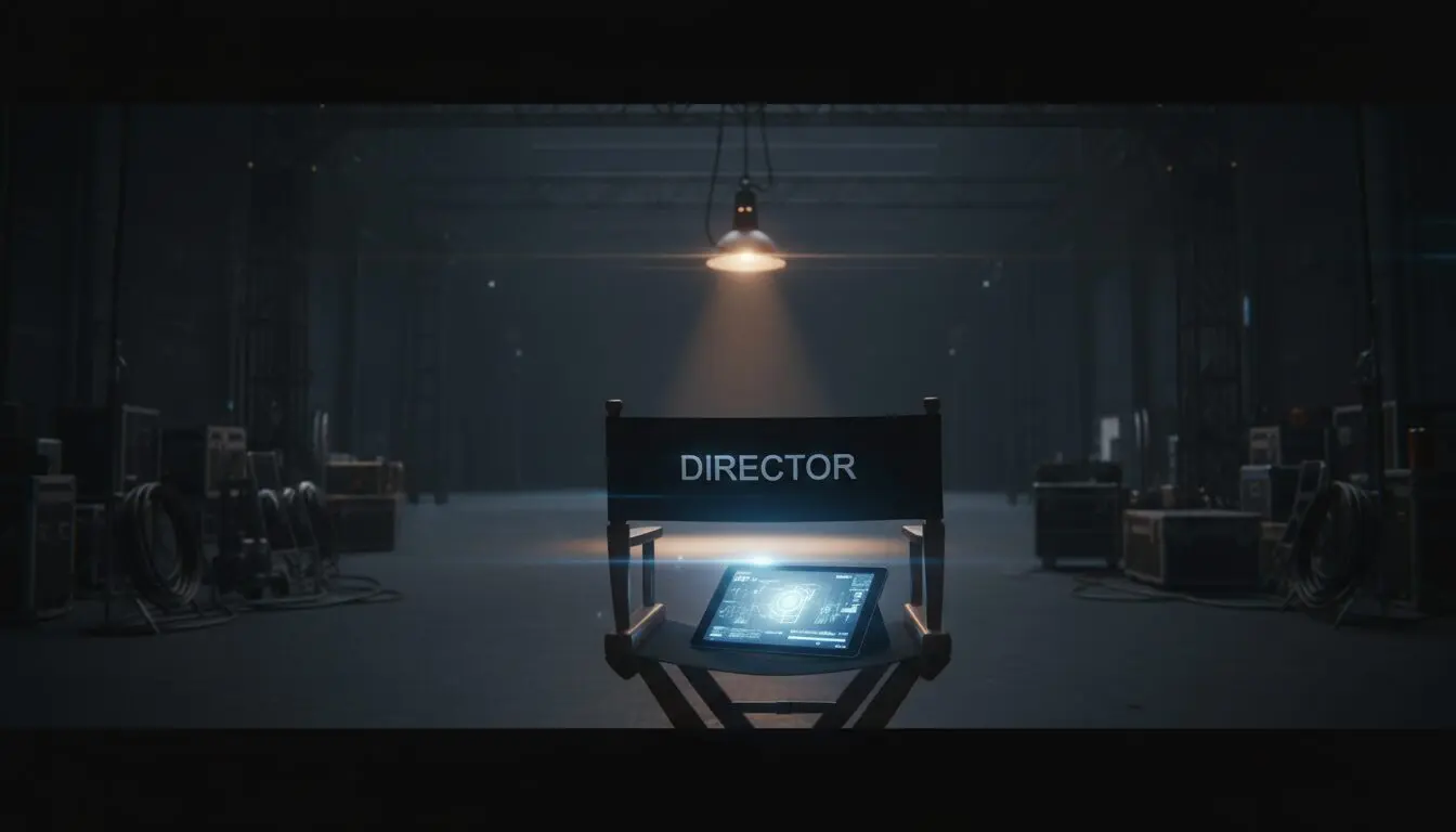 Director's chair on an empty soundstage holding a tablet with an AI generation interface — film craft for AI commercials.