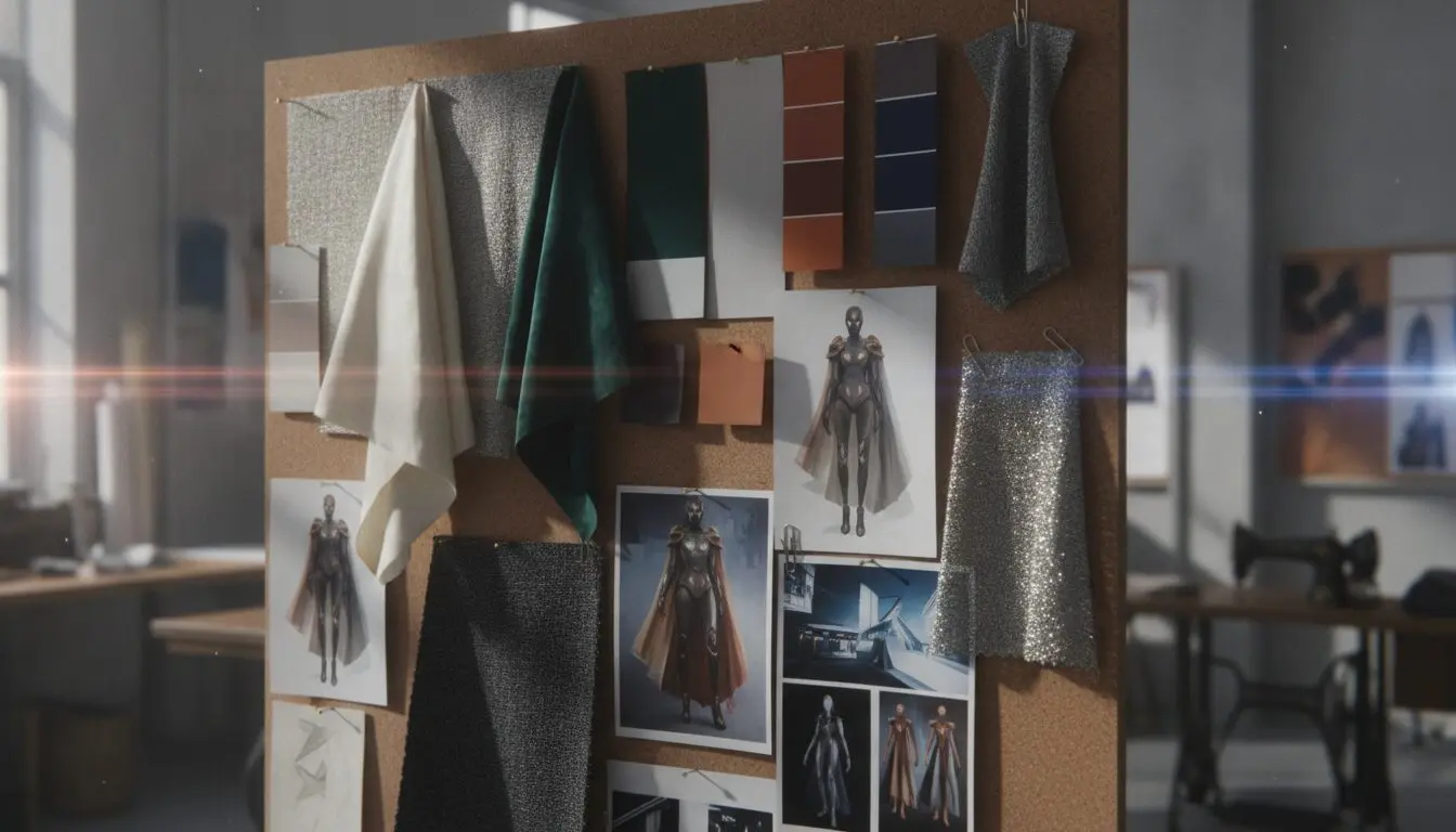 Launch first AI commercial: studio mood-board pinning brand color chips, fabric swatches, and Midjourney keyframes.