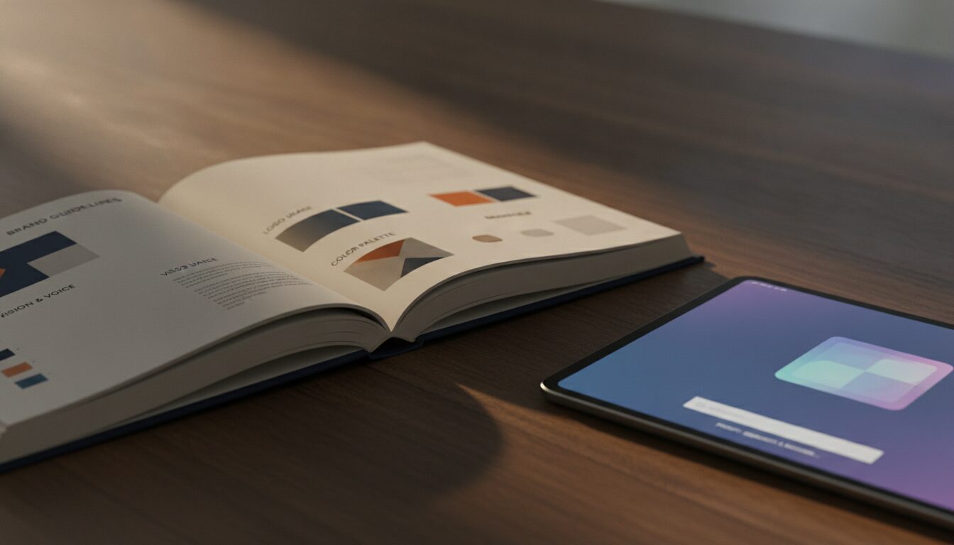 Open brand guidelines book beside an AI generation interface on a tablet — AI commercial workflow for brands in two pages.