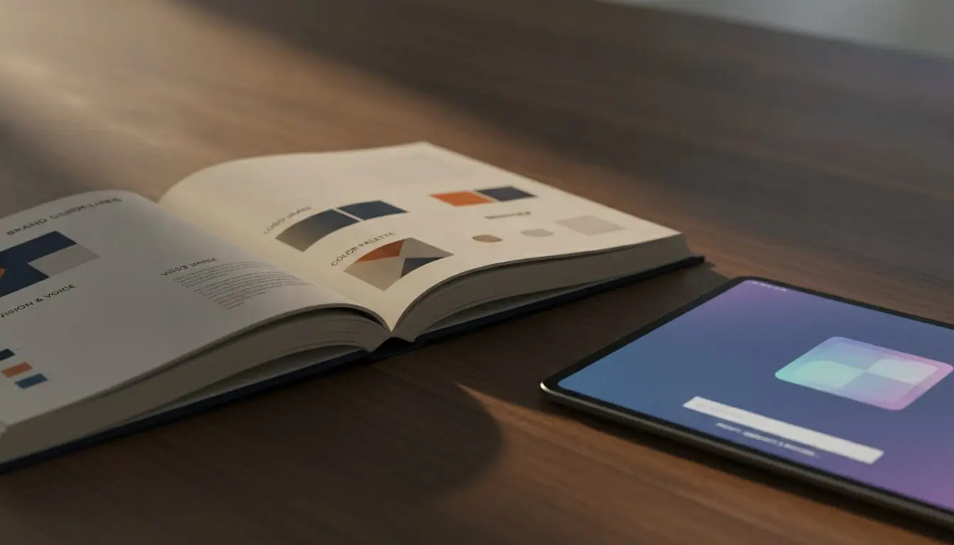 Open brand guidelines book beside an AI generation interface on a tablet — AI commercial workflow for brands in two pages.
