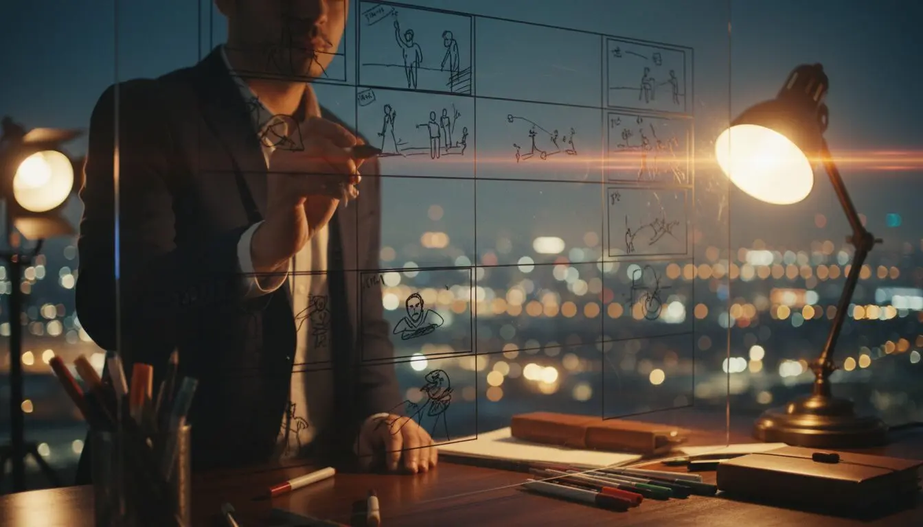 Post-Sora AI video direction: a creative director storyboarding on glass with the skyline behind for a Veo-pipeline shoot.