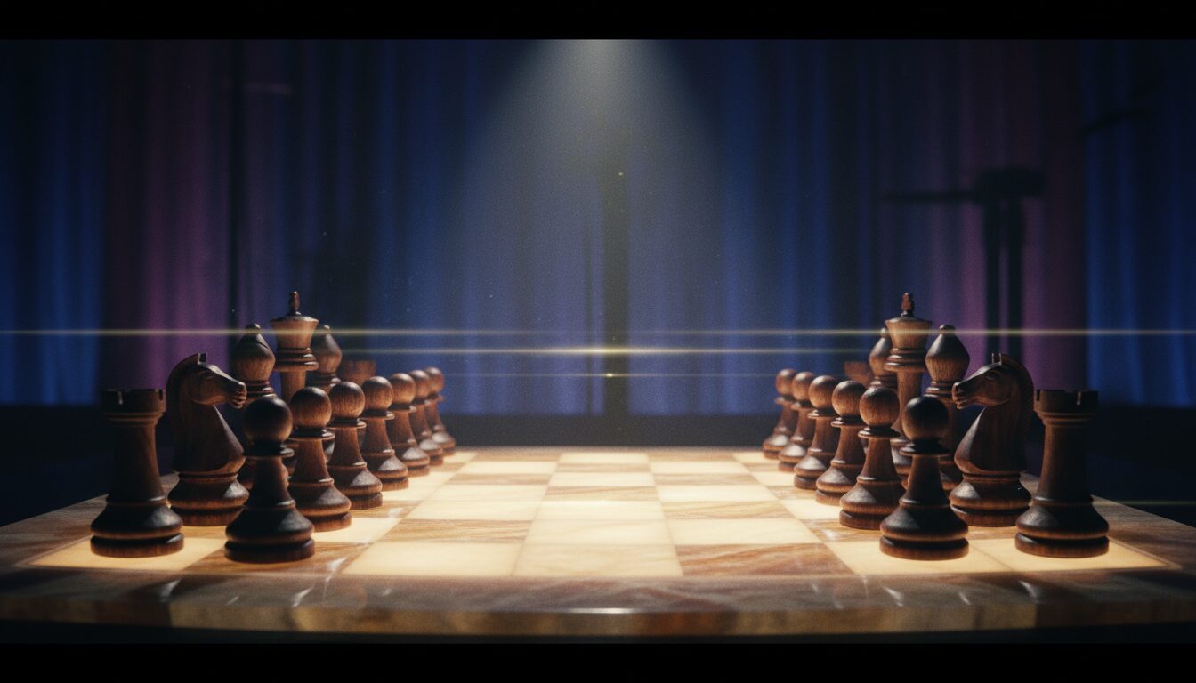 Creative differentiation AI commercial brands buy: chess pieces arranged under stage light, the moat made tangible.