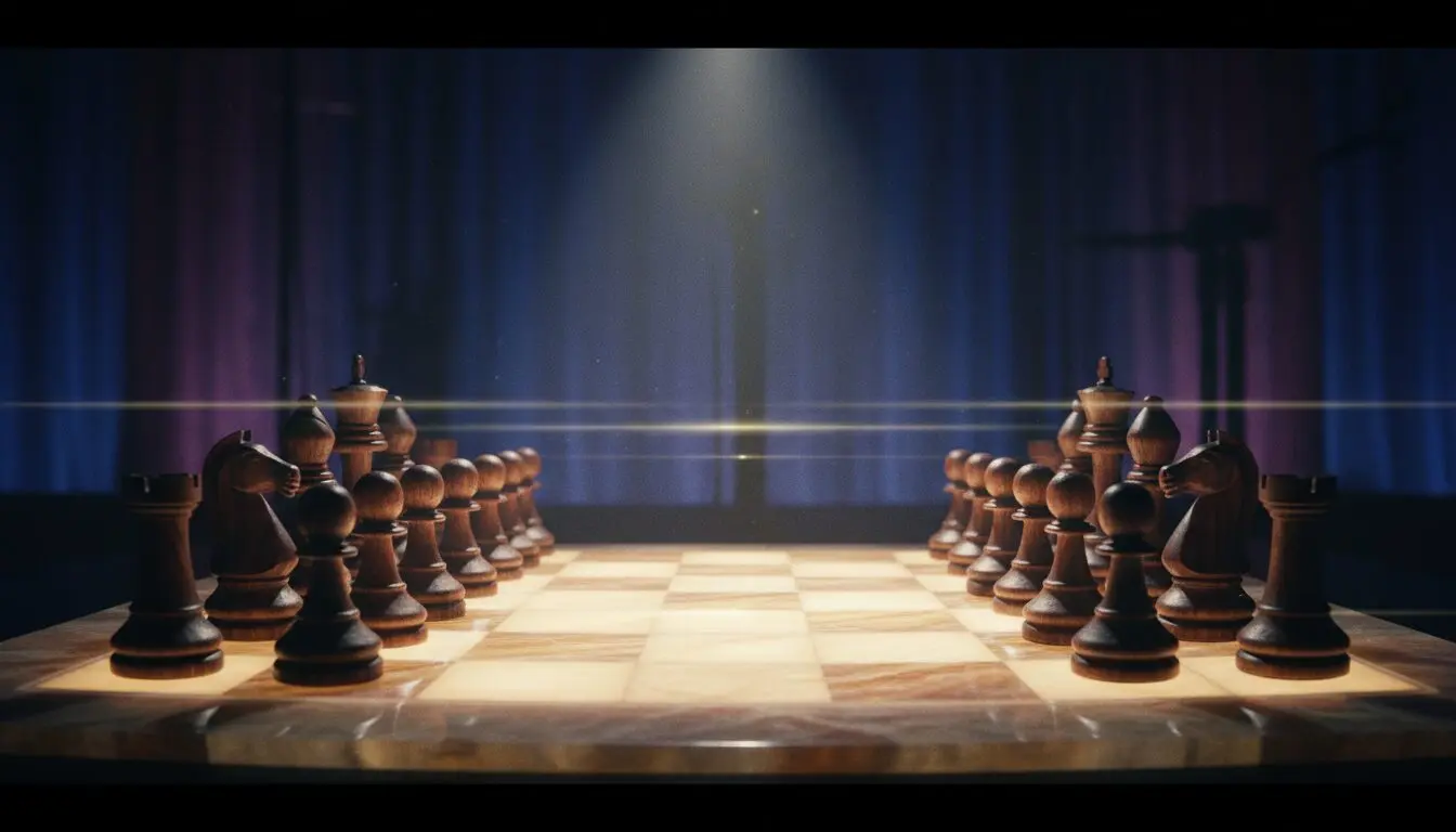 Creative differentiation AI commercial brands buy: chess pieces arranged under stage light, the moat made tangible.