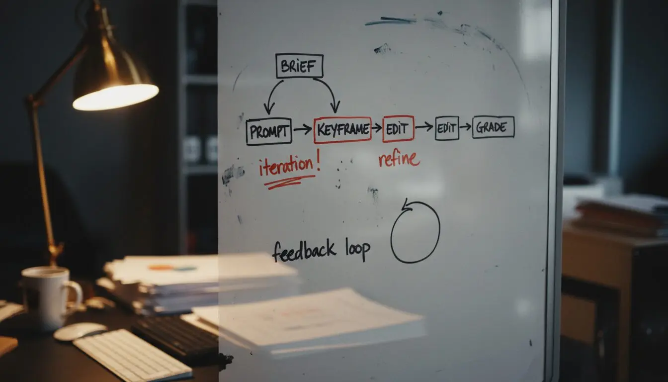 AI video production complete guide on a whiteboard: brief, prompt, keyframe, edit, grade — the boutique pipeline mapped.
