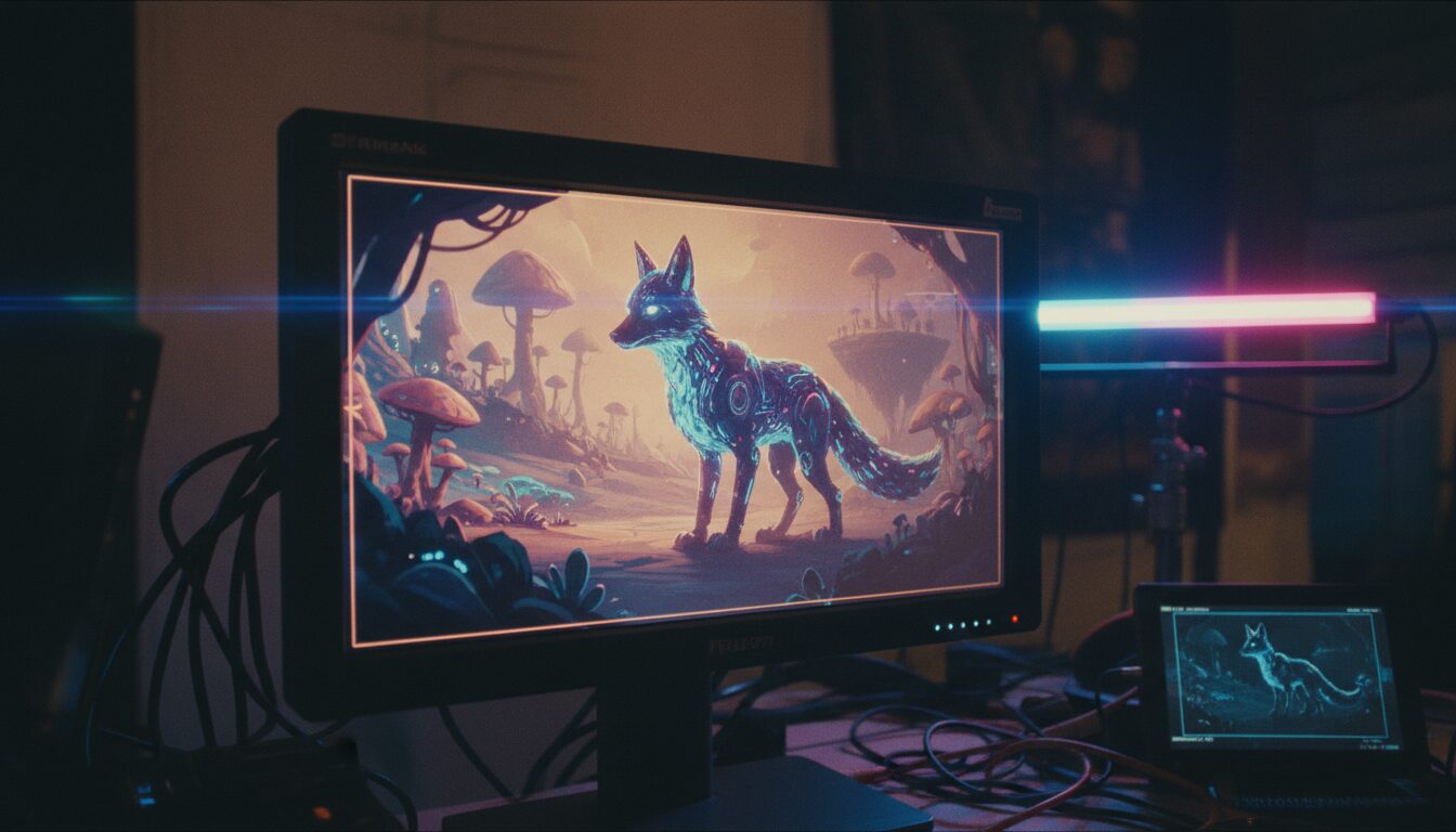 AI video production for brands at quality bar: calibrated monitor playing a Midjourney keyframe lit by neon practicals.
