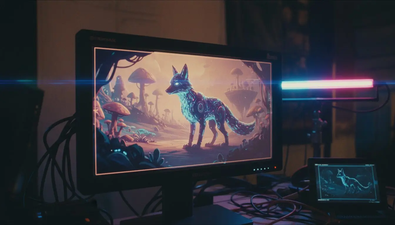 AI video production for brands at quality bar: calibrated monitor playing a Midjourney keyframe lit by neon practicals.