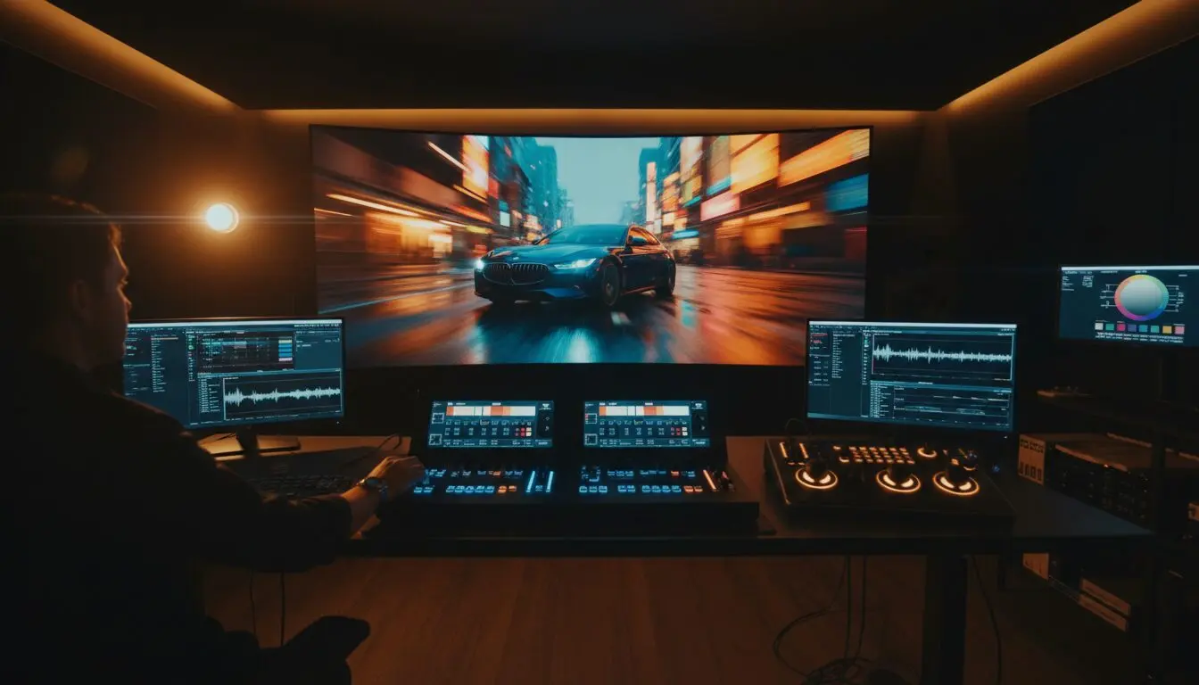 Cinematic AI video production finishes in a colorist's suite: trim dials forward, a final commercial frame on screen.