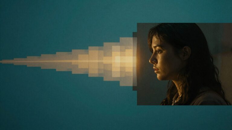 Cinematic editorial still illustrating 'AI Upscaling' — ArcaneWiz AI video glossary.
