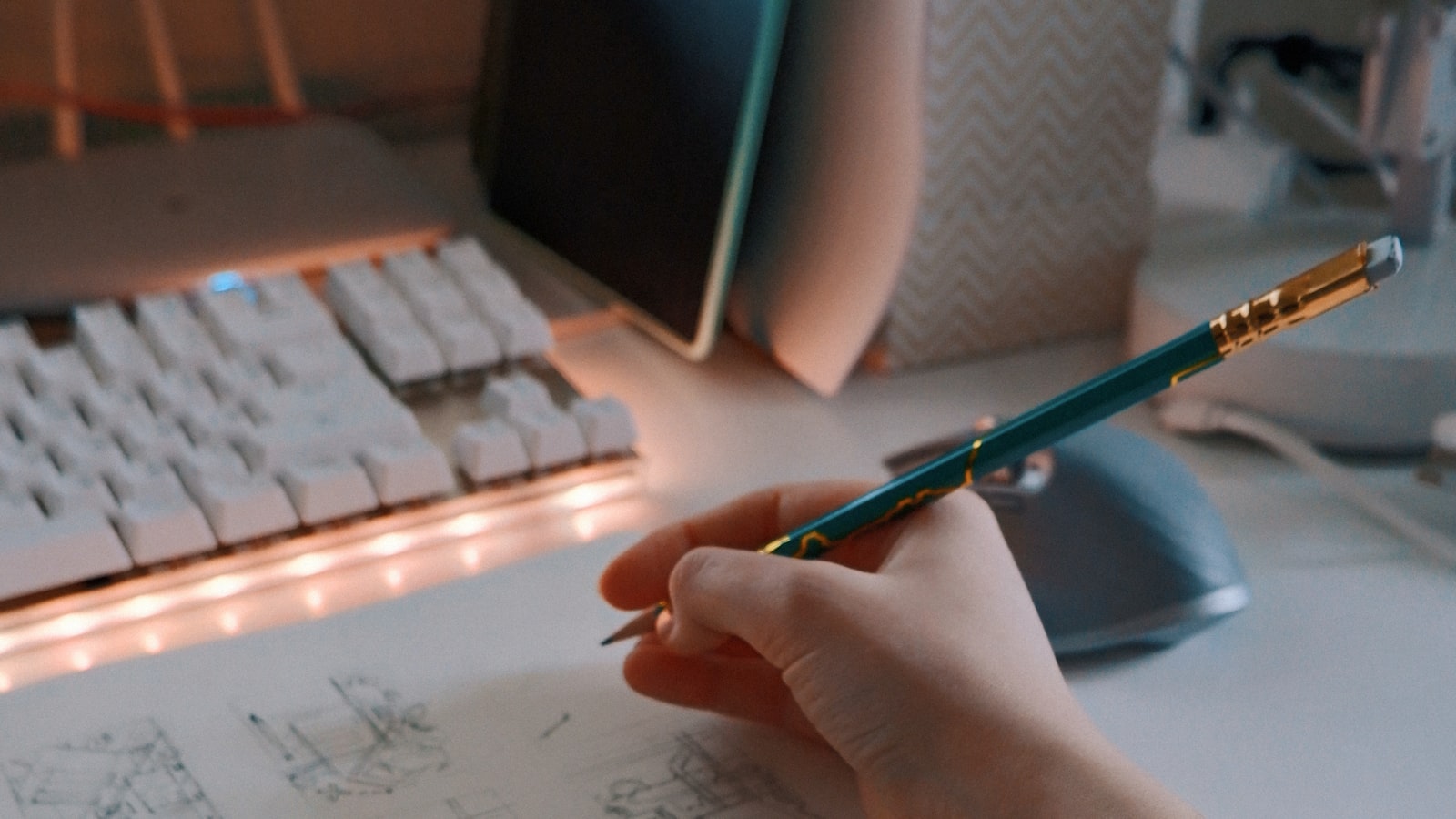 Hand sketching a storyboard at a studio desk — story-first pre-production for an AI explainer video